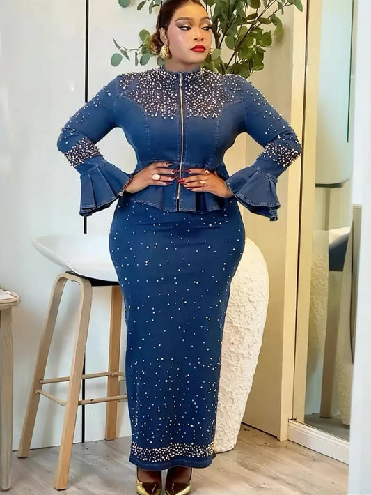 African Clothes for Women 2 PCS Sets Tops And Skirts Suits Dashiki Ankara Denim Outfit Plus Size Turkey Wedding Party Dresses