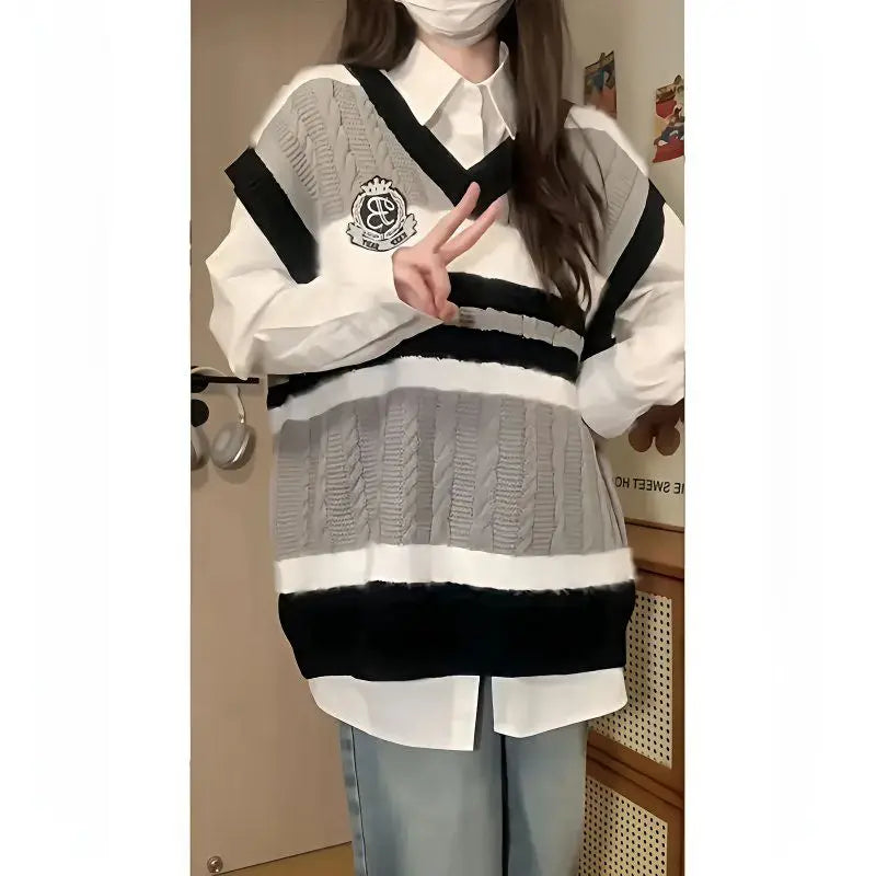 Women's Autumn Winter New Fashion Tracksuit Matching Set Korean Elegant Vintage Knit Vest+Shirt+Casual Cargo Pants 3-piece Suit