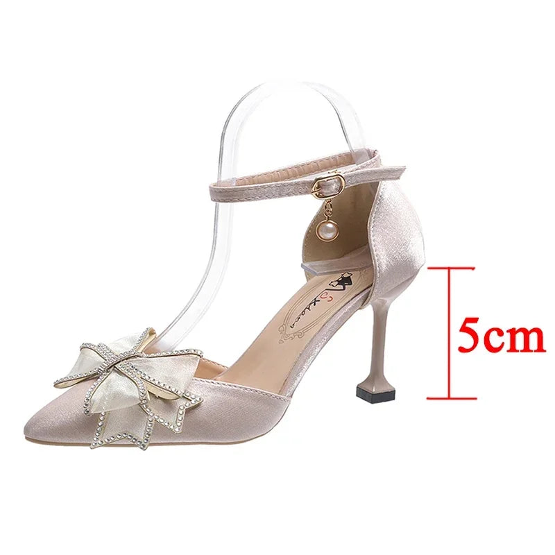 Rimocy Sexy Thin Heels Ankle Strap Pumps Women Lace Bowknot Wedding Party Shoes Woman Elegant Pointed Toe Silk High Heels Shoes