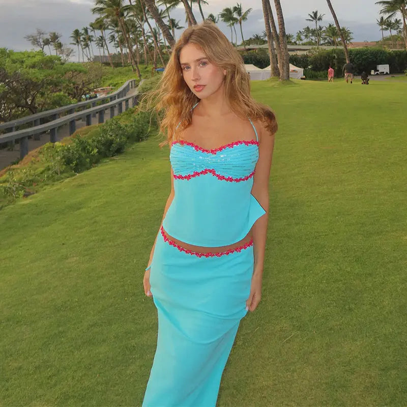 2 Piece Skirt Set Sequin Trim Halter Crop Top Maxi Skirt 2026 Spring Summer Y2K Night Out Clubwear Party Bodycon Co-ord Outfit
