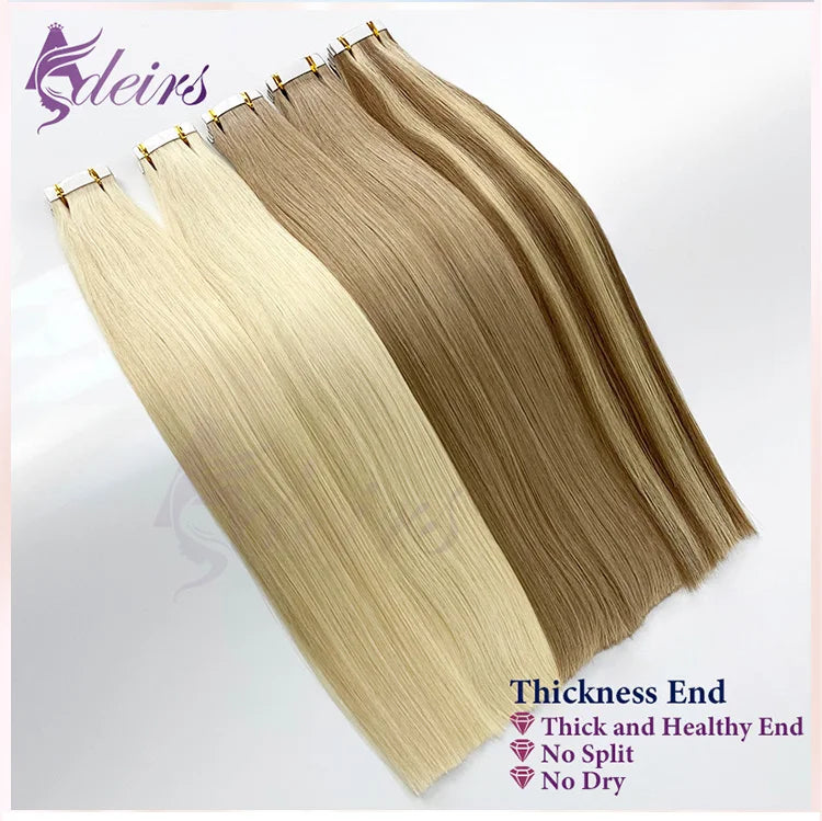 ADEIRS Straight Tape In Human Hair Extensions 100% Real Hair Extensions 16"-24" Black Brown Blonde #613 Invisible Tape In