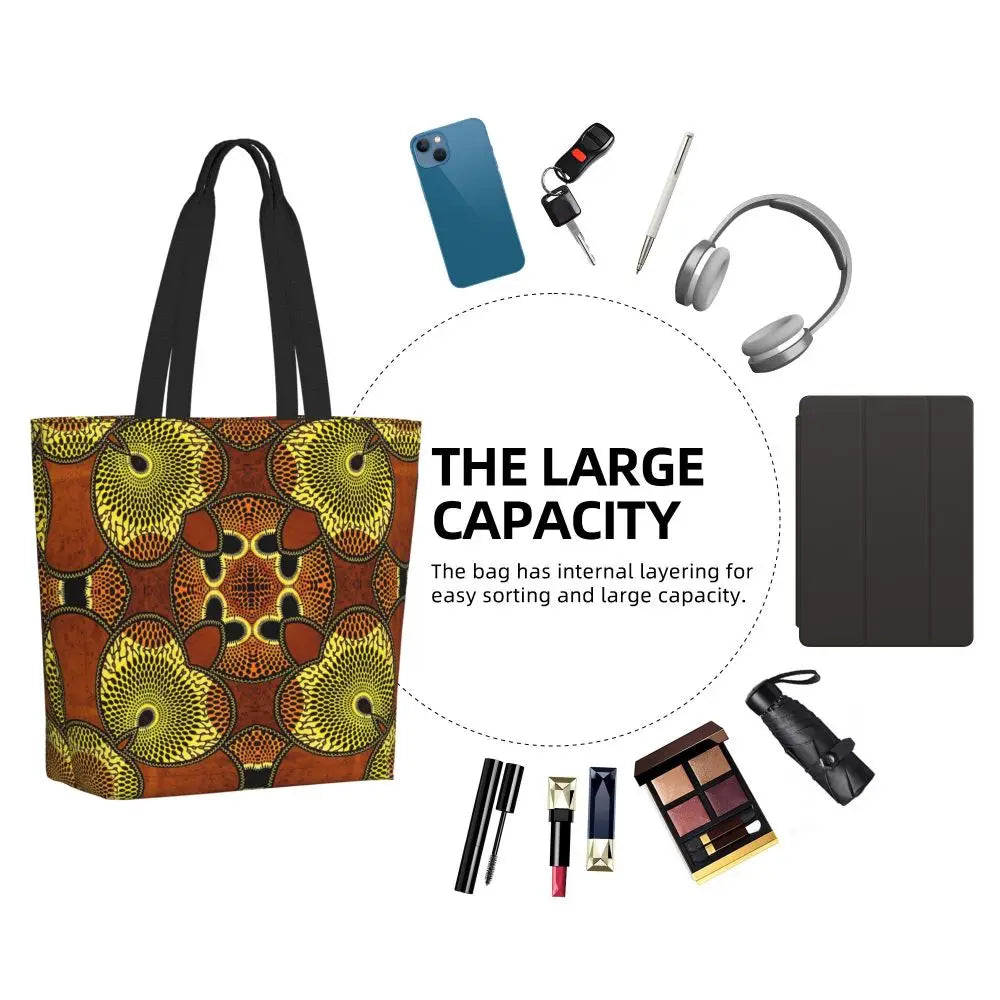 African Ankara Prints Grocery Shopping Tote Bags Women Geometric Ethnic Art Canvas Shoulder Shopper Bags Big Capacity Handbag