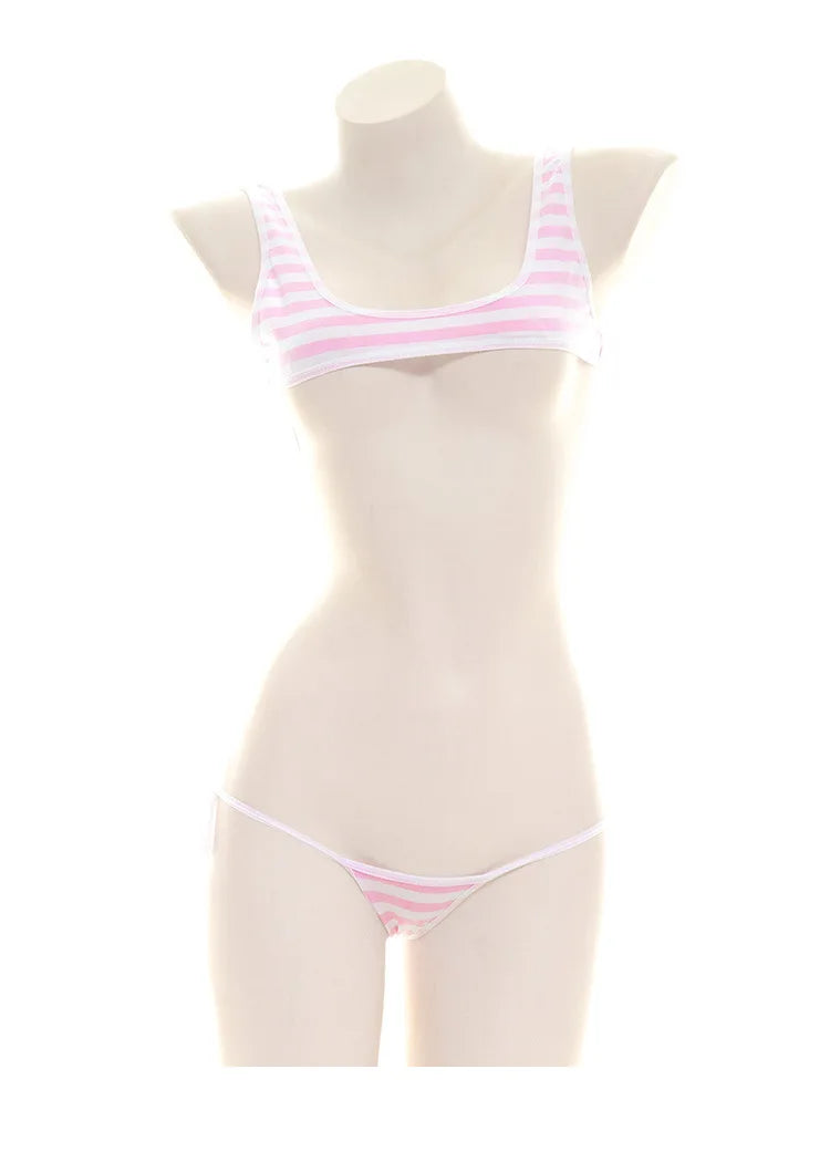 Sexy Japanese Style  Blue White Stripe Bikini Swimsuit Striped Halter Micro Bikini Set Love Female StudenLolita Kawaii Swimsuit