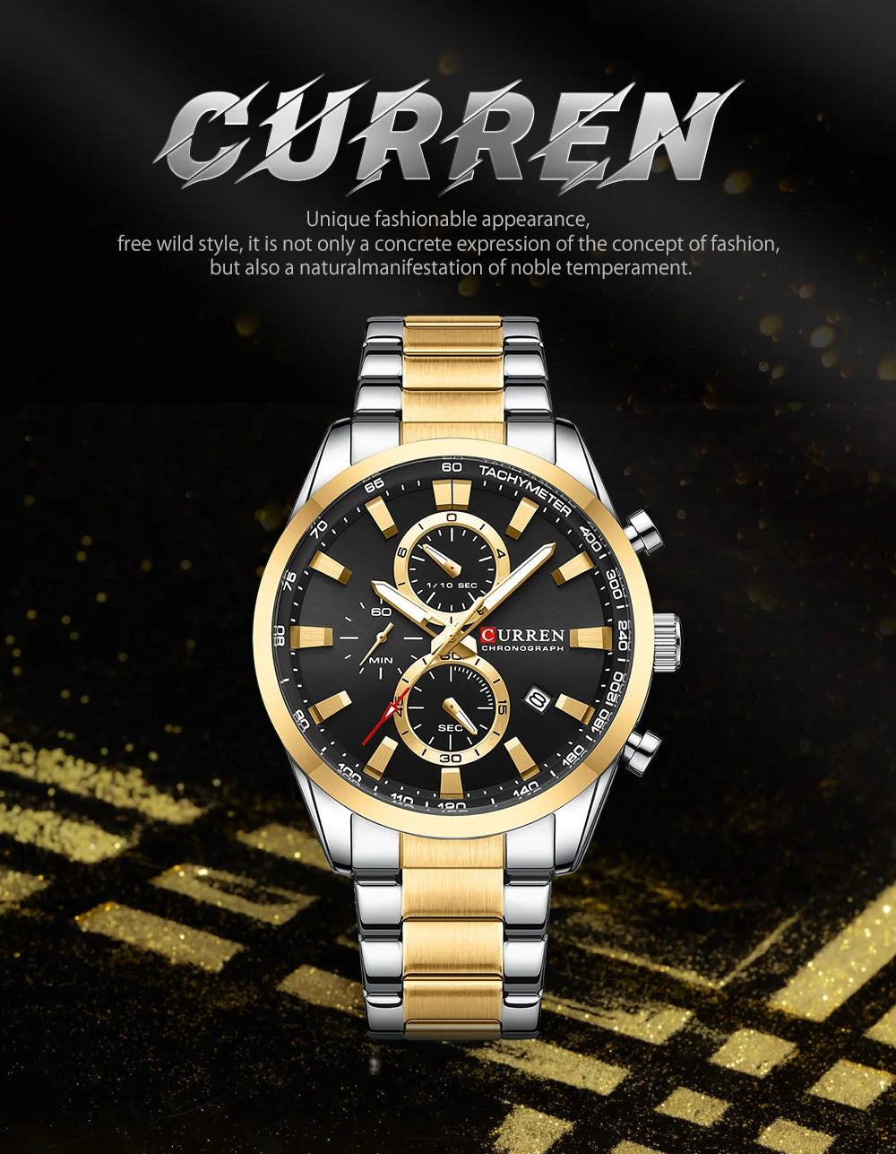 CURREN  New Sports Multifunction Stainless Steel Band Watches Fashion Brand Quartz Men's Wristwatches with Date