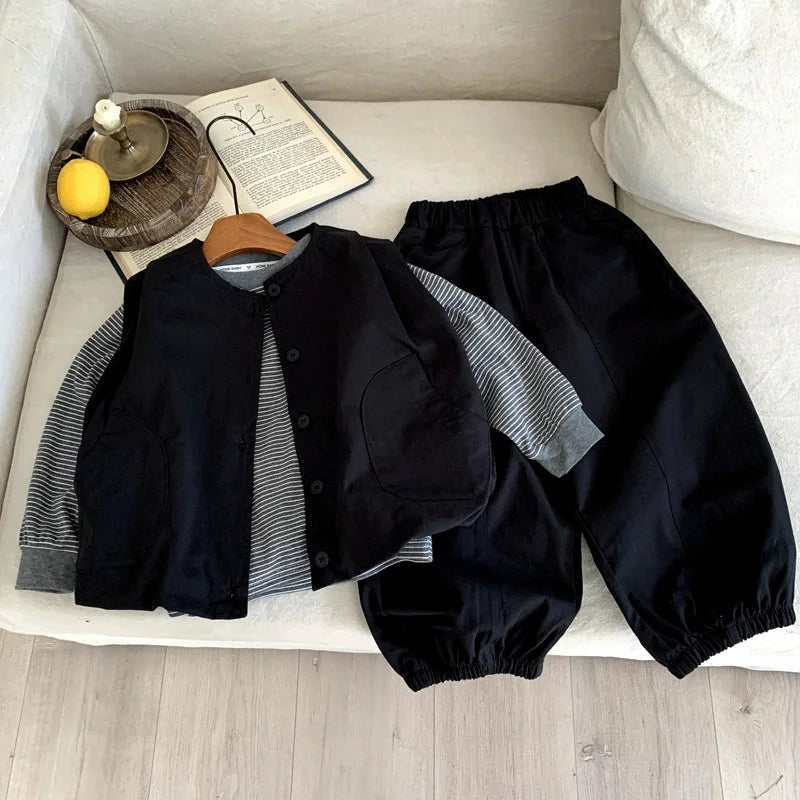 Boys' Fashion Set Spring Girls' Suit Children's Striped Top Vest  Trousers 3Pcs New Kids Casual Loose Outfits Autumn Clothing