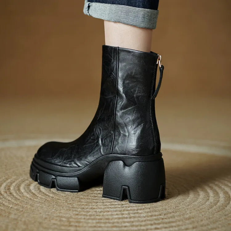 NEW Autumn Women Boots Genuine Leather Shoes for Women Round Toe Chunky Heel Shoes Concise Zip Platform Boots Soft Daily Shoes