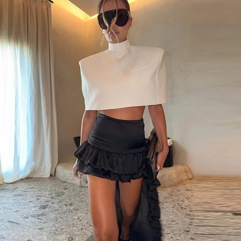 Elegant Stand Collar Women's Cape Skirts Suit Pocket Crop Tops Pleated Mini Skirt Lady Set 2026 Summer Autumn Female Outfits