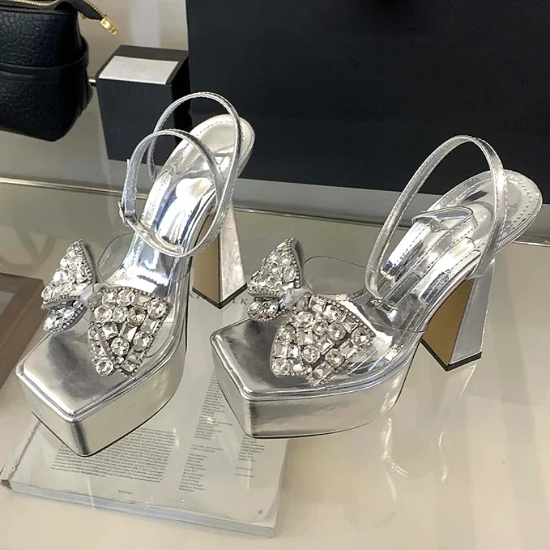 Luxury Rhinestone Transparent Platform Sandals Women Open Toe Summer Fashion Slingback Party Dress Shoes Crystal Bow High Heels