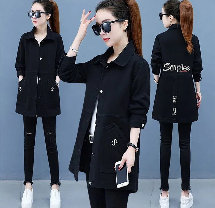 Plain Female Jeans Coats Korean Women's Denim Jackets Long Trench Designer in Promotion 2025 Trend Deals Chic and Elegant New