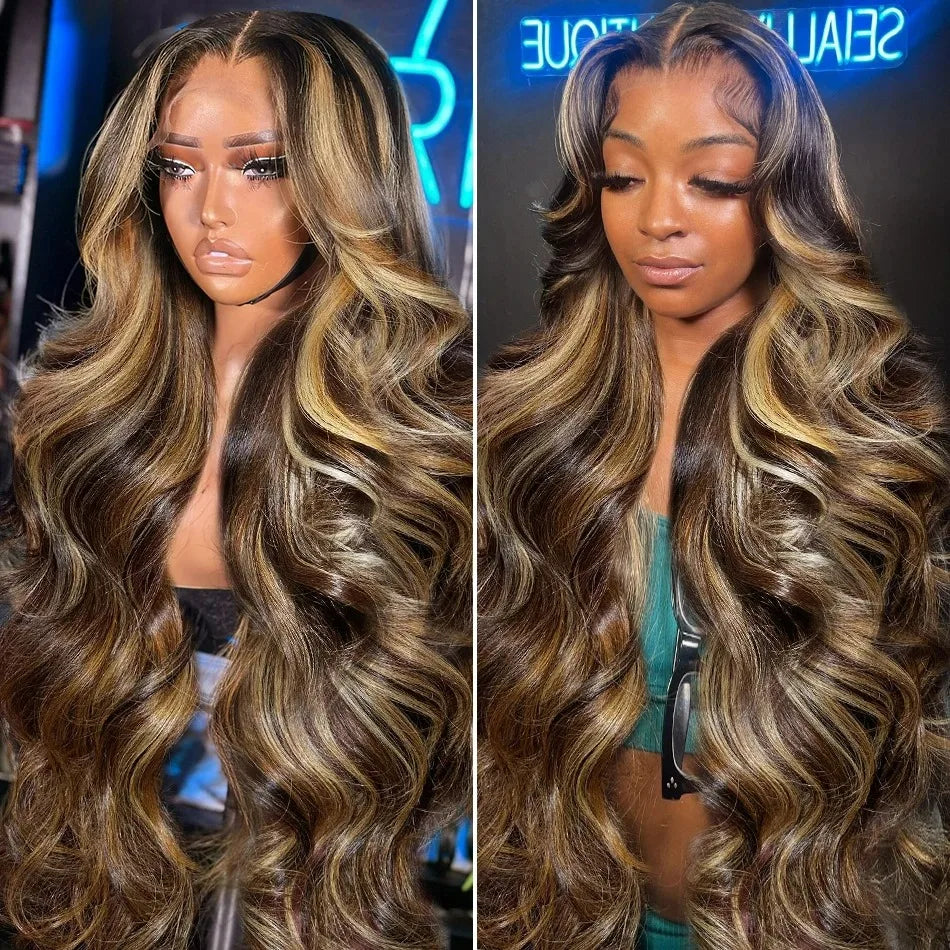 30 40 Inch 4/27 Highlight Body Wave 13x6 Lace Front Wig Brown Color 13x4 HD Lace Frontal Wig Ombre Blonde Human Hair Wig