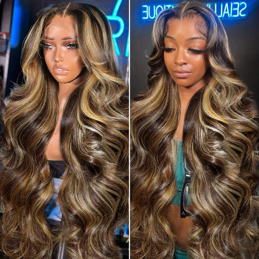 30 40 Inch 4/27 Highlight Body Wave 13x6 Lace Front Wig Brown Color 13x4 HD Lace Frontal Wig Ombre Blonde Human Hair Wig