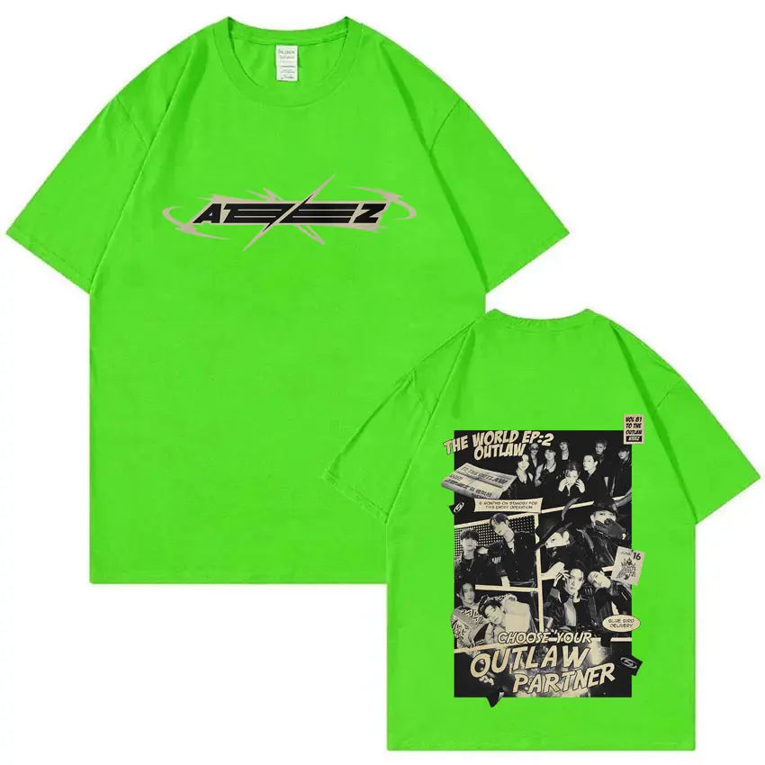Hot Korean Kpop ATEEZ The World Ep: 2 Outlaw T-shirt 2025 World Tour Towards The Light Will To Power Tshirt Male Fashion Tees