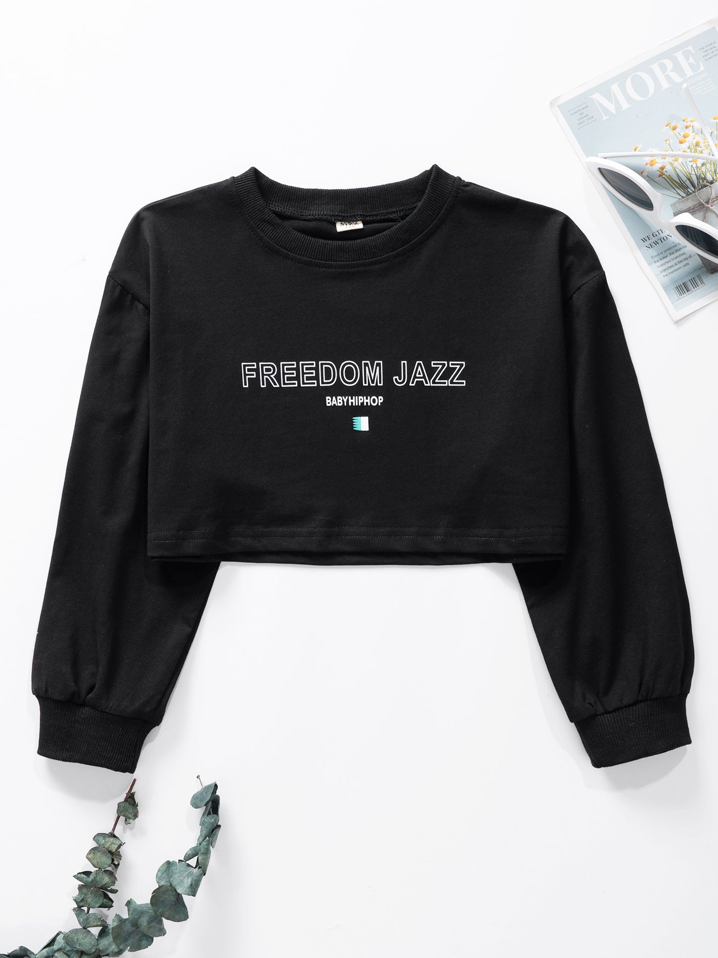 Kids Girl Long Sleeve Fashion Crop Top Casual Loose Pullover T-shirt for Hip-Hop Jazz Street Dance Performance School Daily Wear