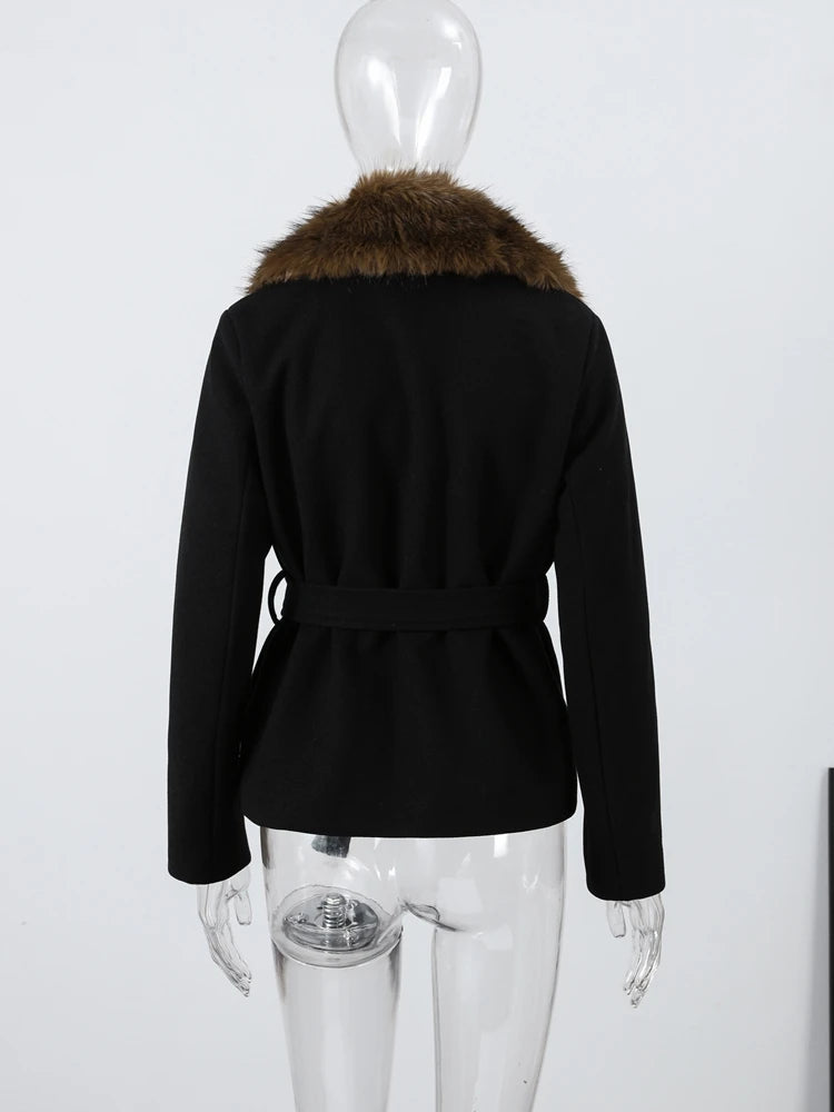 Faux Fur Collar Lace Up Woolen Overcoat Women Elegant Full Sleeve Waist Cinching Autumn Winter Bomber Coats Chic Lady Outerwears