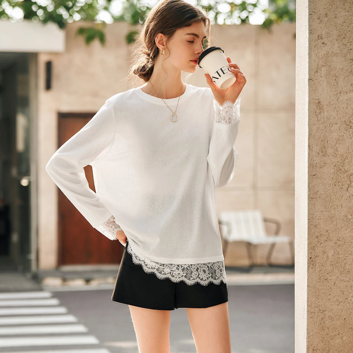 OLrain Cotton White T-shirt Women 2026 Autumn Casual Loose Tee Shirt Crewneck Lace Long Sleeve Tops Woman Clothing N57CT95669