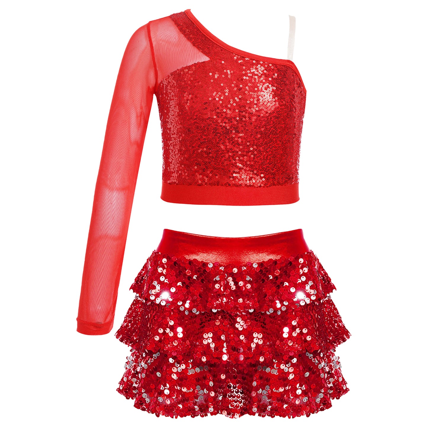 Kids Girls Dance Dresses Latin Jazz Modern Dance Show Costume Sequin Long Sleeve Crop Tops and Skirted Culottes Cheer Dancewear