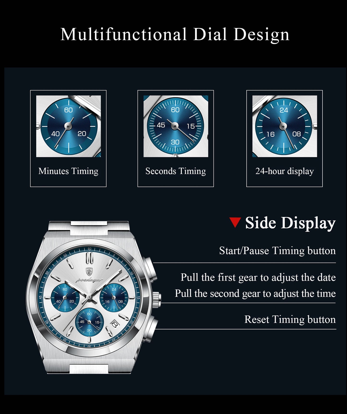 POEDAGAR Top Business Man Quartz Watch Waterproof Luminous Date Chronograph Stylish Watches For Men Stainless Steel Men's Watch