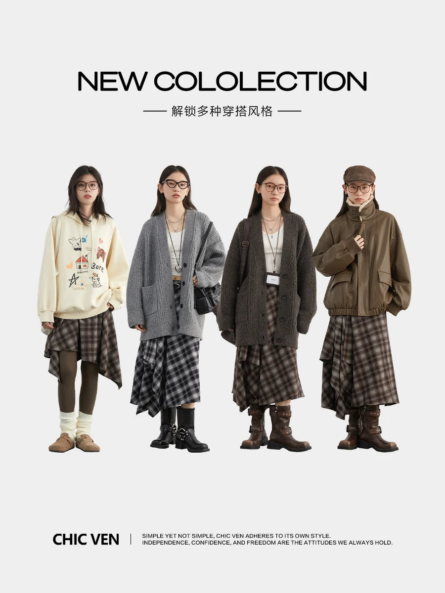Chic Ven Women Skirt A Line Retro Loose High Waist Plaid Long Autumn Winter 2026
