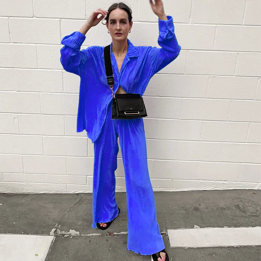 New Two Piece Set Women Outfits Pleated Women's Elegant  Drape Loose Sets Shirt High Waist Trousers Female Suit Fashion Casual