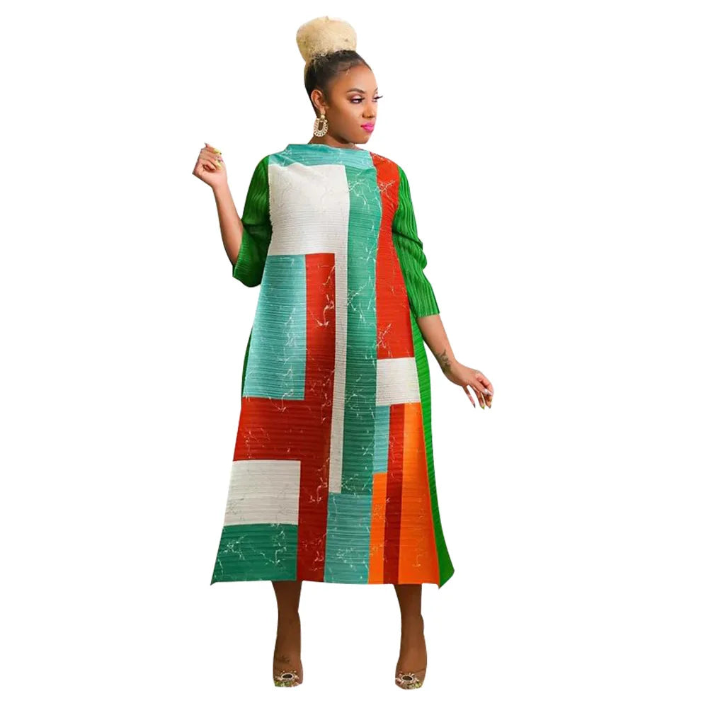 African Dresses for Women Summer Fashion Style African 3/4 Sleeve Polyester O-neck Pleated Dress Dashiki African Clothes Women