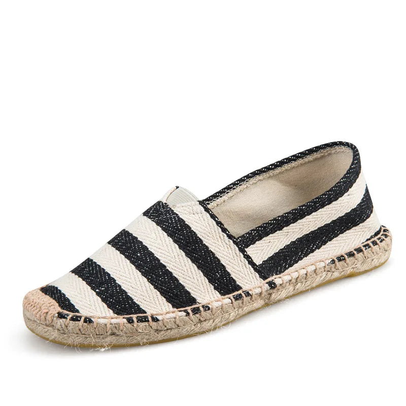 Mens Espadrilles Men Patchwork Slip on Summer Shoes Men Loafers Breathable Canvas Shoes Fashion Jute Wrapped Black Stripe