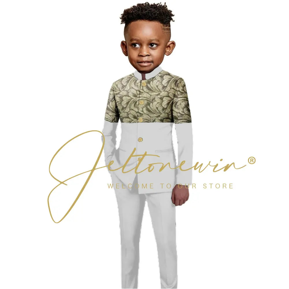 African Style Boys Suit Burgundy Gold Floral Jacket Pants 2 Piece Set Stand Collar Blazer Wedding Tuxedo Kids Formal Party Dress