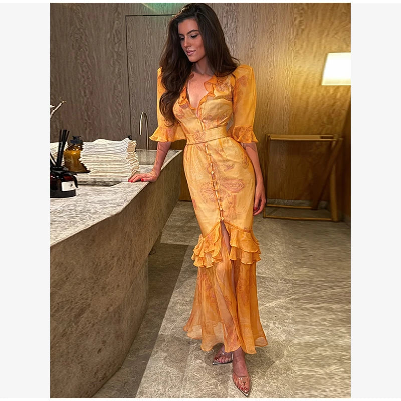 Chic Floral Puff Sleeve Women Maxi Dress Sexy V Neck Button Down Ruffle Slit Vestidos 2026 Summer New Lady Daily Party Sundress