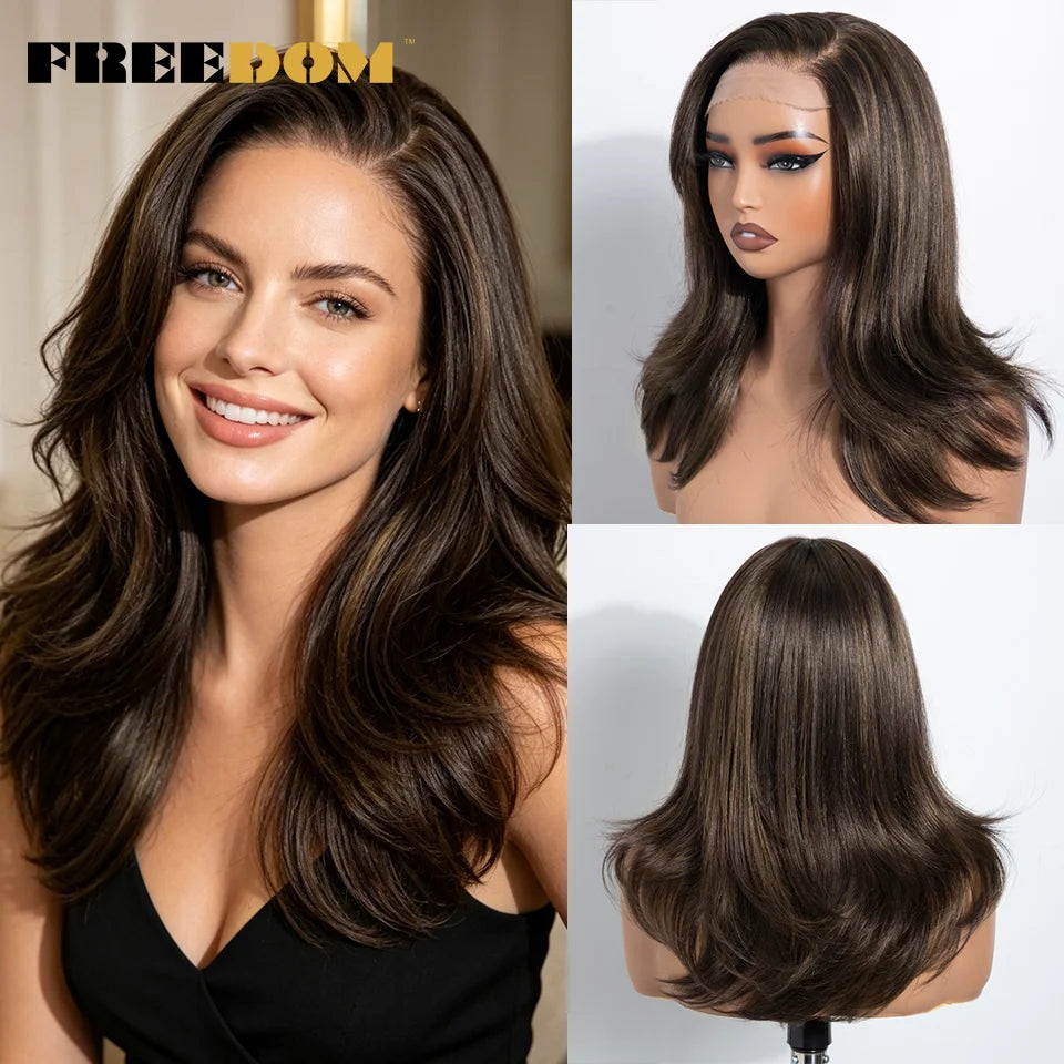 FREEDOM Synthetic Lace Front Wigs For Women 20" Layered Ombre Brown Blonde Wig 6x4 Pre-plucked Easy Wear And Go Glueless Wigs