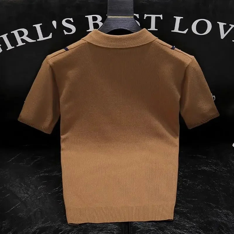 High-end Short-sleeved Men's British Retro Striped Slim Lapel Knitted Contrasting T-shirt 1/2 Pieces