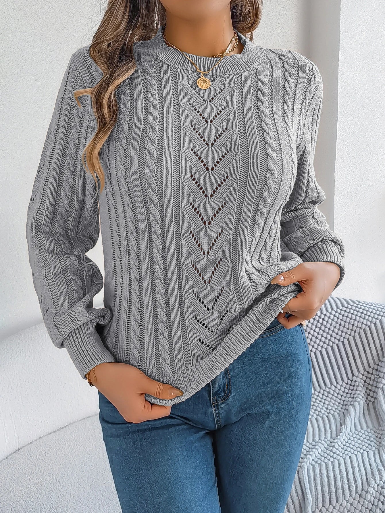 Autumn and Winter Casual Solid Color O-Neck Hollow Out Long Sleeved Pullover Sweater BAZAARHUBO