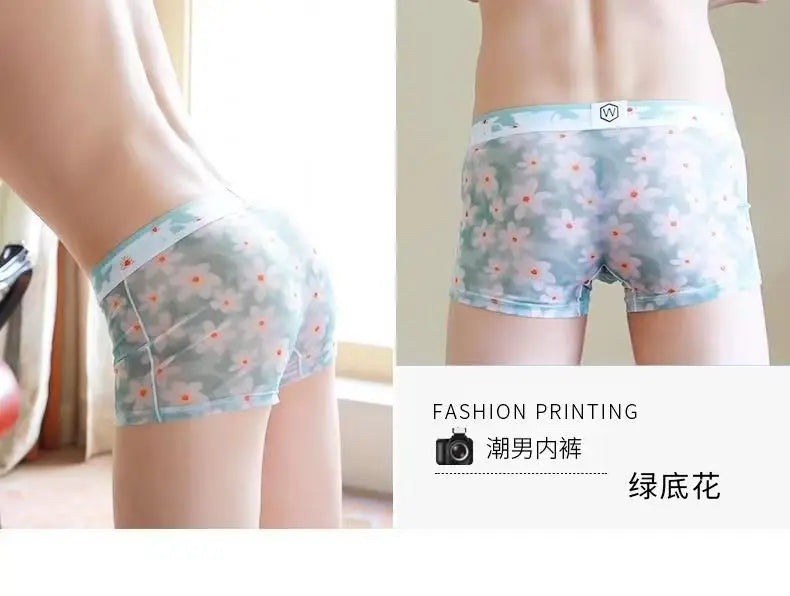 1pcs Sexy Mesh Boxer Men Underwear See Through Transparent Shorts Male Print Panties Plus Size Underpants U Convex Lingerie 6XL