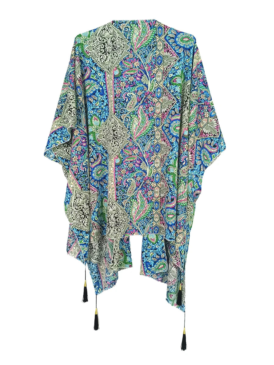 Fashion Vintage Paisley Bikini Cover Ups Summer Chiffon Cardigan Cape Women Beach Swimsuit Sun Protection Smock Loose