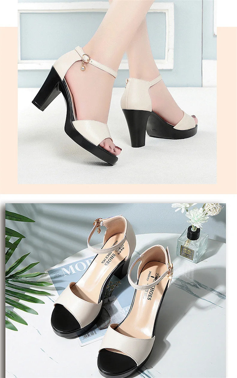 Summer Women Block Heels Fashion Breathable High Heels Sandals Classic Fish Mouth Buckle Versatile Waterproof Platform Sandals