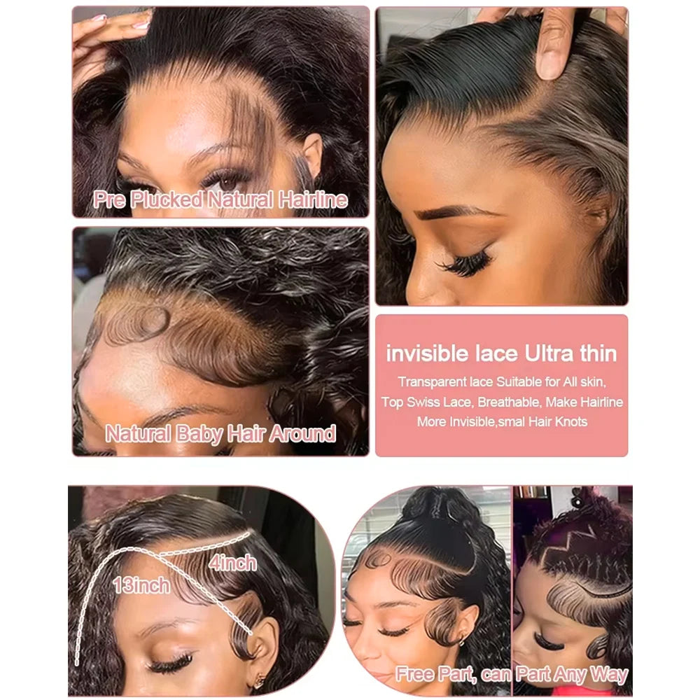 300% High Density Burmese Curly Lace Front Human Hair Wigs HD Transparent 13x6 13x4 Deep Wave Lace Frontal Wig Real Virgin Hair 40 46 Inch Water Wave Human Hair Wigs For Women Preplucked Hairline