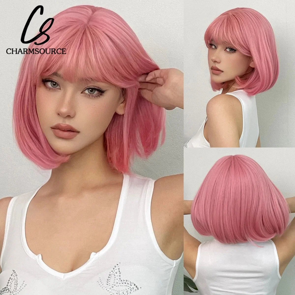 Copper Ginger Short Bob Straight Synthetic Wig with Bangs Heat Resistant Natural Looking Hair for Women Daily Use Cosplay Party