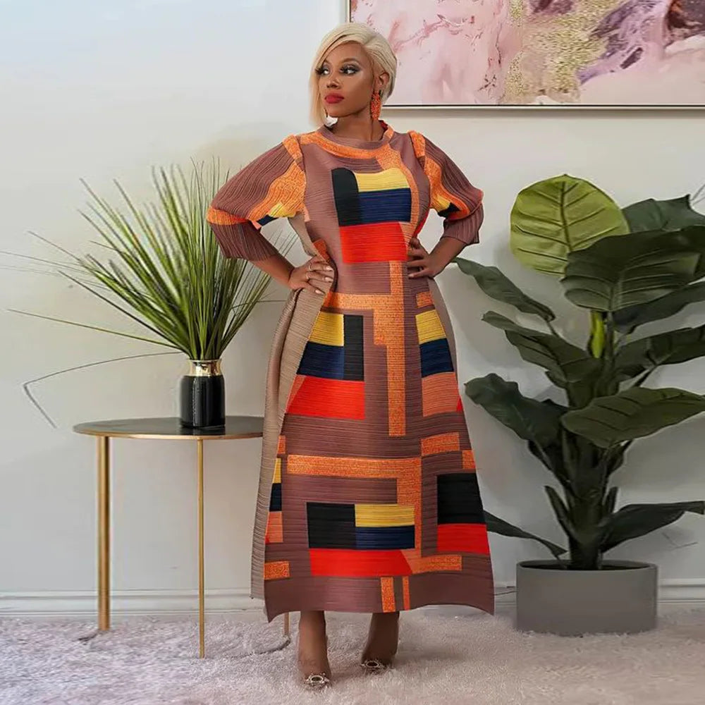 African Dresses for Women Summer Fashion Style African 3/4 Sleeve Polyester O-neck Pleated Dress Dashiki African Clothes Women