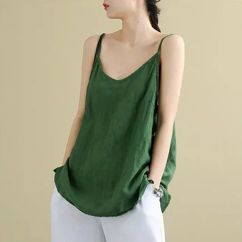 Women's Summer Top Cotton Linen Spaghetti Strap Top Women Halter V Neck Basic Yellow Sleeveless Tank Tops Loose Casual Camis