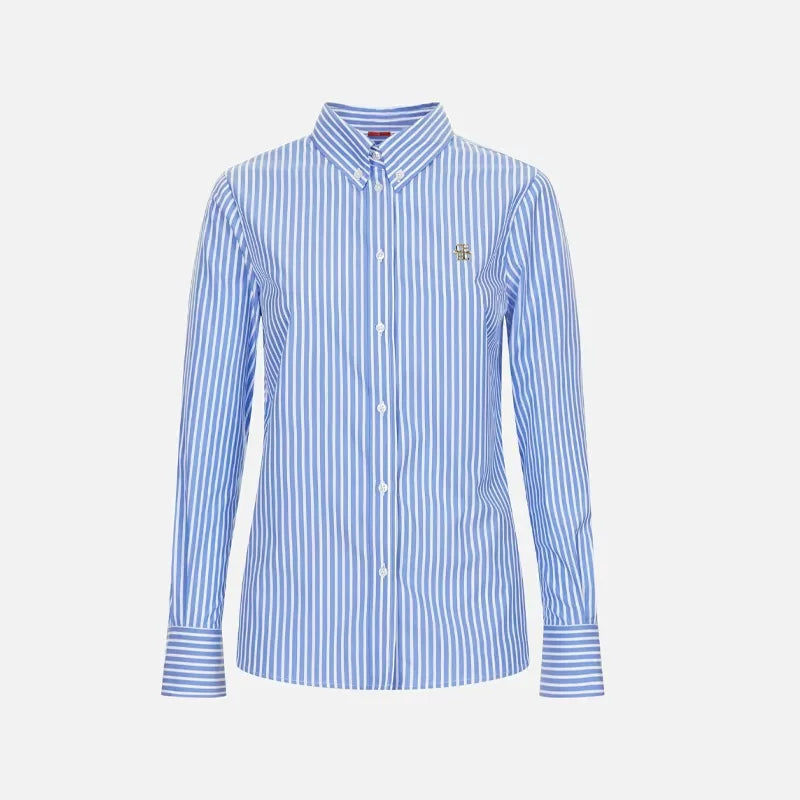 CH Women's casual cotton blouse with stripes and embroidered collar-long-sleeved streetwear, simple office top.