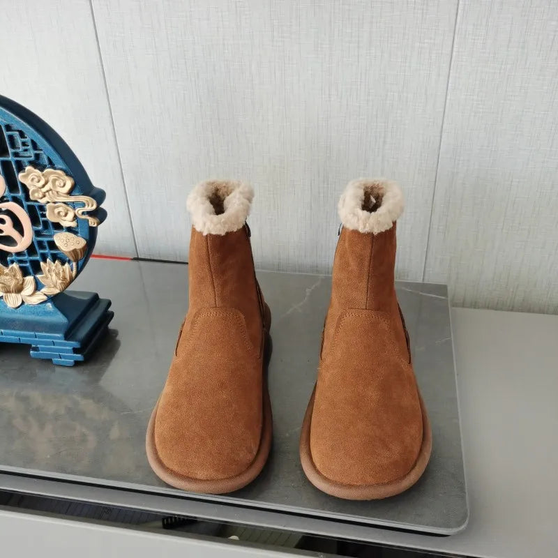 Careaymade-Genuine cow leather Snow cotton round head flats woolen short boots plush warm snow boots Oversized shoes size 35-43