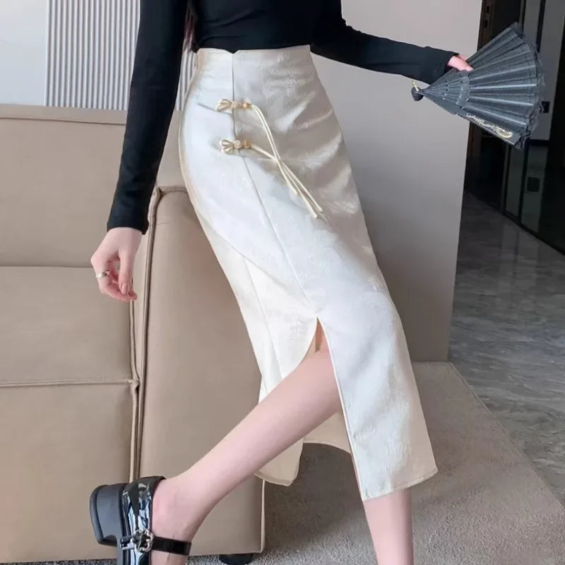 Chinese Style Skirts for Women Printed Casual Streetwear Elegant Female Spring Summer Chic Solid High Waist Simple New Trendy