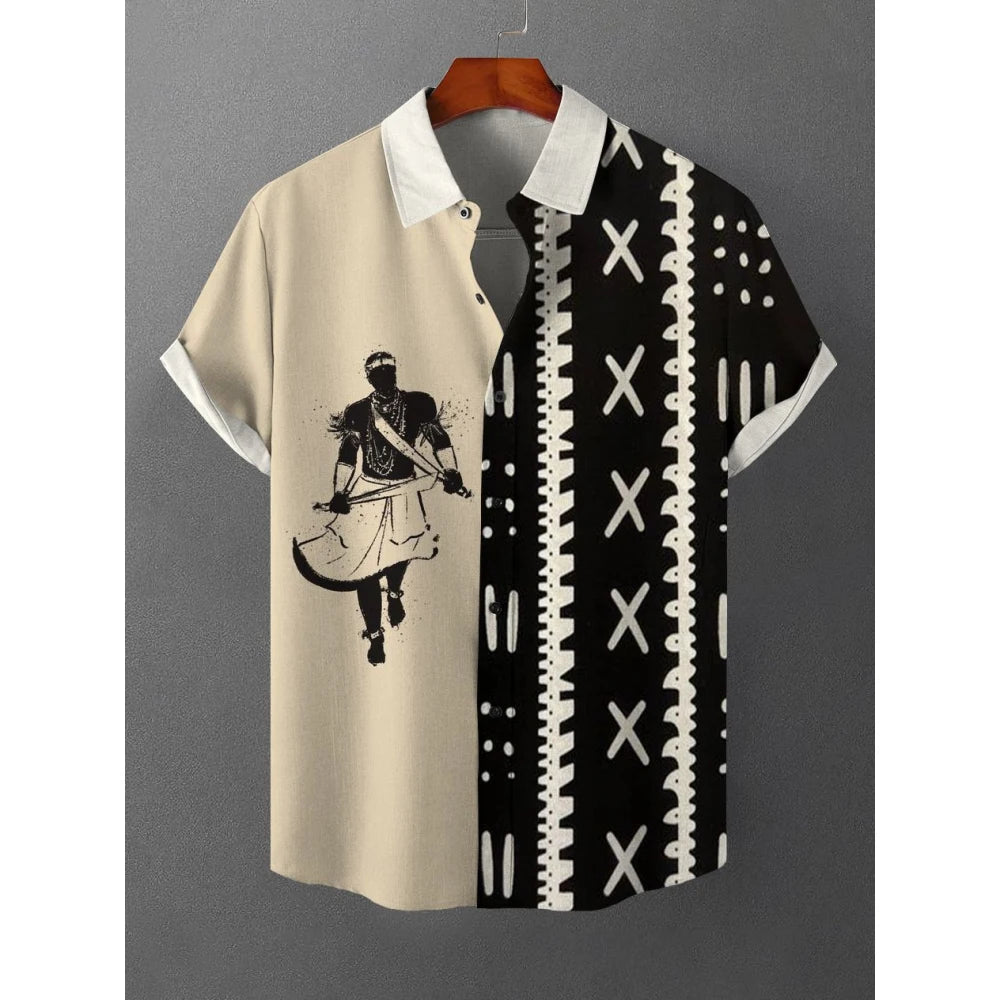 African Style Men's Retro Ethnic Tribal Short Sleeve Shirt Tops Fashion Casual Stripes Pattern Vacation Streetwear Men's Shirt