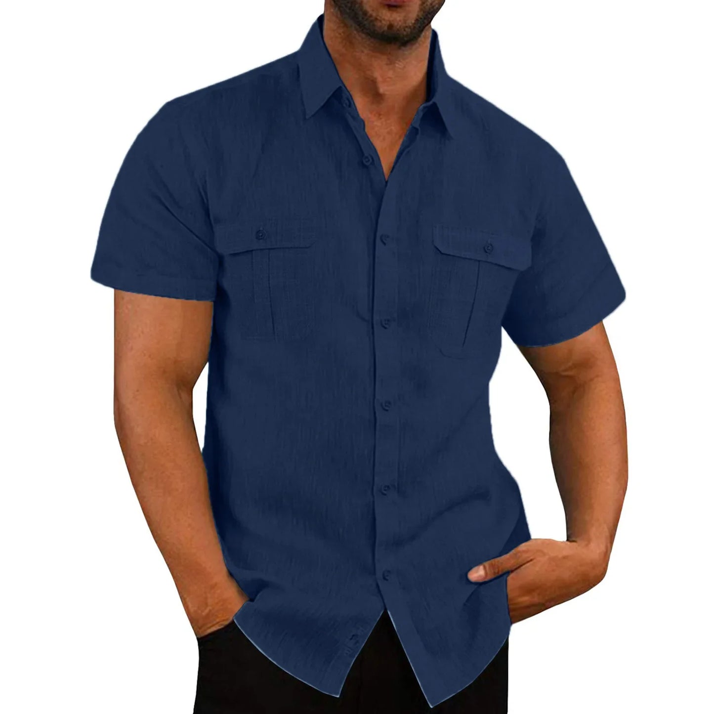 Cotton Linen Hot Sale Men Short-Sleeved Shirts Summer Solid Color Stand-Up Collar Casual Beach Style Shirts Tailor-made T-Shirts
