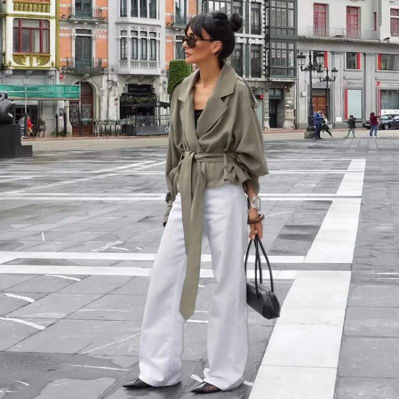 Lace Up Jacket For Women Casual Long Sleeve Turn Down Collar Autumn Outerwear