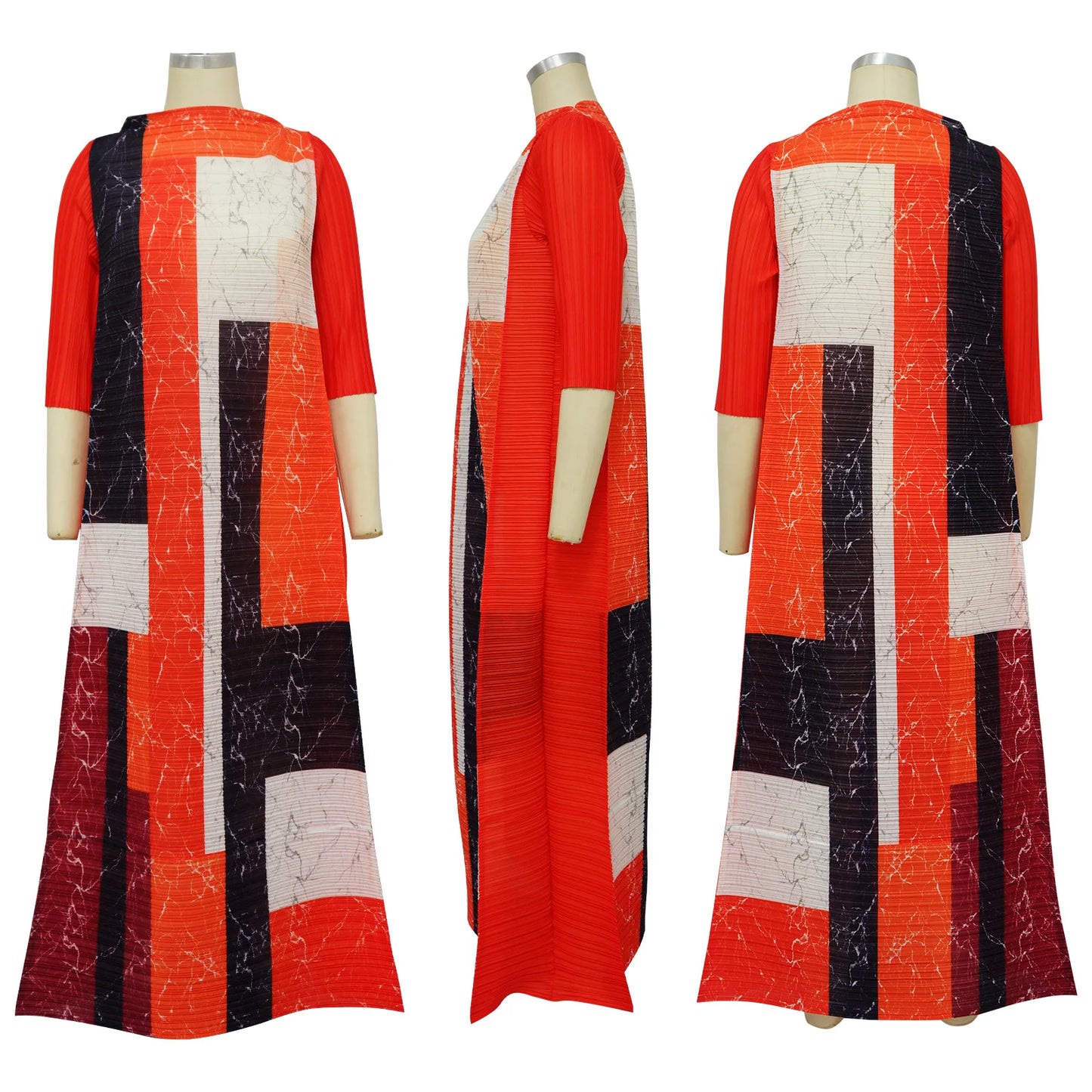 African Dresses for Women Summer Fashion Style African 3/4 Sleeve Polyester O-neck Pleated Dress Dashiki African Clothes Women