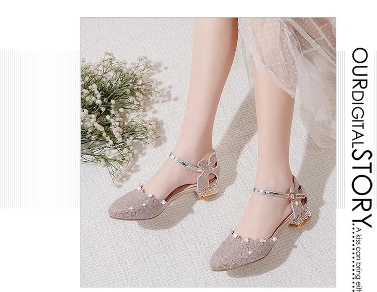 Princess Kids Leather Shoes Girls Sandal Sweet Pearl Casual Glitter Children High Heels Girls Party Dance Shoes Pink Gold Silver