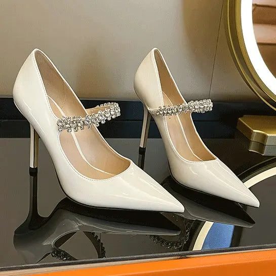 Spring 2025 New French Rhinestone Pointed White High Heels Temperament Patent Leather Shoes Women Wedding Pumps