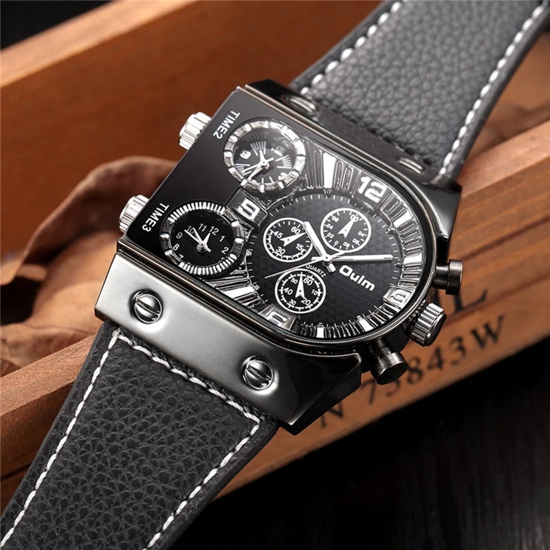 Oulm Top Men's Watches Mens Quartz Casual Leather Strap Wristwatch Sports Man Multi-Time Zone Military Male Watch Clock Relogios