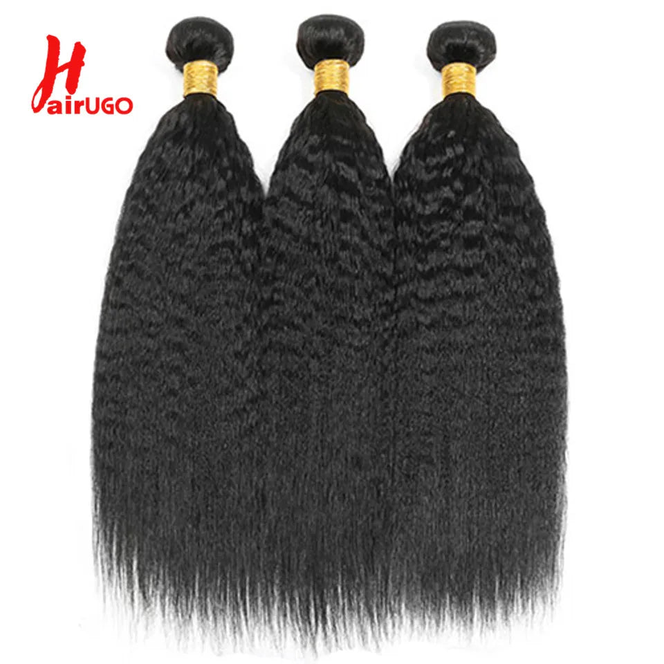 HairUGo Brazilian Kinky Straight 1/3 Bundles Remy Yaki Straight Bundles Human Hair Extensions Natural Color Human Hair Weave