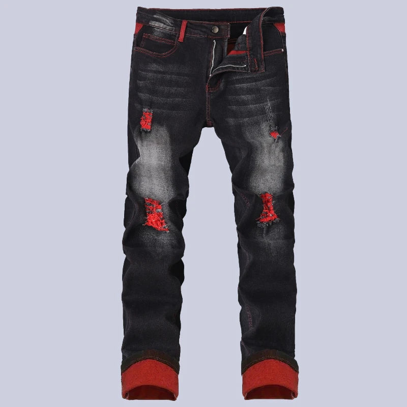 Men's Elastic Patch Style Jeans Black Red Design Slimming Men's Clothing Cozy Denim Pants Personalized Hip Hop Trend Trousers