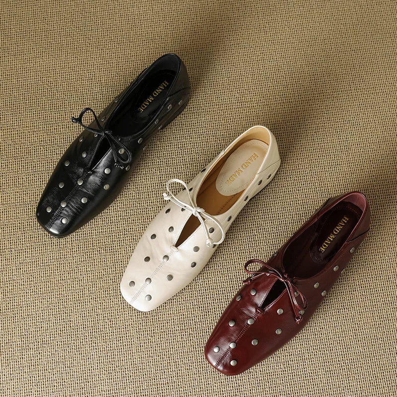 Dilalula 2025 Spring Genuine Leather Rivet Pumps Women Lace Up Low Thick Heels Soft Back Young Women Leather Leisure Pumps